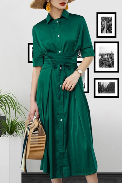 Women's Vintage Green Lapel Collar Lace-Up Gathered Waist Plain Midi A-Line Shirt Dress