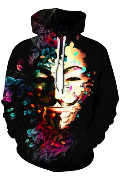 3D Cool Floral Character Printed Street Style Fashion Black Hoodie
