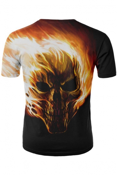 Awesome 3D Fire Skull Pattern Short Sleeve Men's Relaxed Black T-Shirt