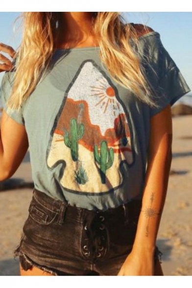 Awesome Cactus Printed Short Sleeve Basic Casual T-Shirt