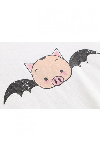 Batwing Long Sleeve Round Neck Cartoon Pig Printed Leisure Relaxed Tee