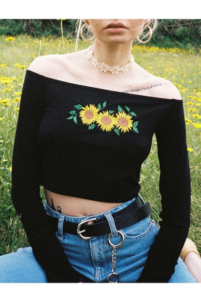 Black Long Sleeve Off The Shoulder Floral Embroidered Cotton Cropped Tee