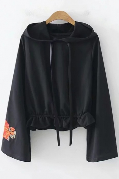 Chic Floral Embroidered Cuff Long Sleeve Fashion Ruffle Hem Drawstring Hoodie