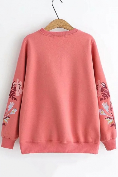 Crew Neck Long Sleeve Tribal Floral Embroidered Loose Fit Pullover Sweatshirt