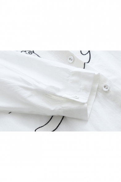 Cute Cartoon Cat Print Button Front Long Sleeve Striped Longline Shirt