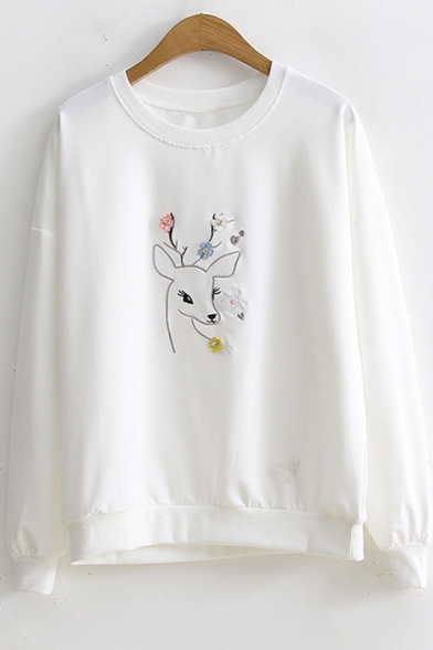 Deer Floral Embroidered Long Sleeve Round Neck Leisure Pullover Sweatshirt