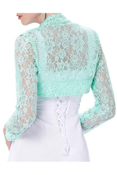 Fashion Lace-Panelled Plain Long Sleeve Open Front Cropped Shrug Coat