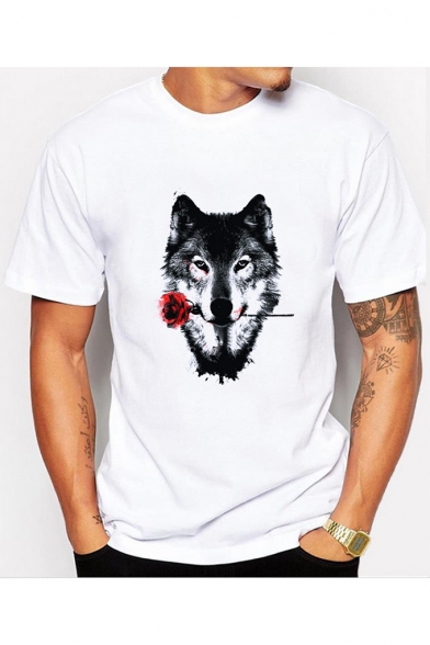 Funny Wolf Rose Pattern Men's Basic White Short Sleeve T-Shirt