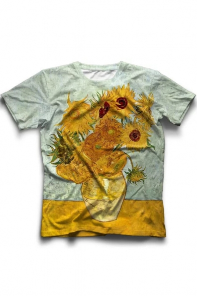 Hot Popular Fashion Sunflower Printed Crewneck Short Sleeve Yellow T-Shirt