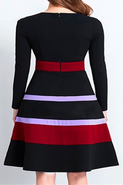 Long Sleeve Round Neck Striped Midi Black A-Line Dress