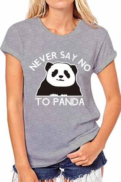 Short Sleeve Round Neck Letter NEVER SAY NO TO PANDA Cartoon Panda Printed Tee for Girls