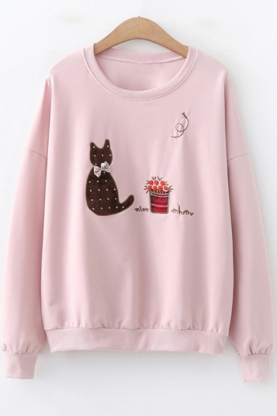 

Lovely Cartoon Cat Candy Printed Crewneck Long Sleeve Pullover Sweatshirt, Blue;pink;white;yellow