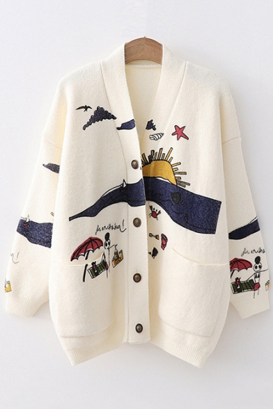 Lovely Cartoon Printed Long Sleeve Button Front Loose Cozy Cardigan for Women