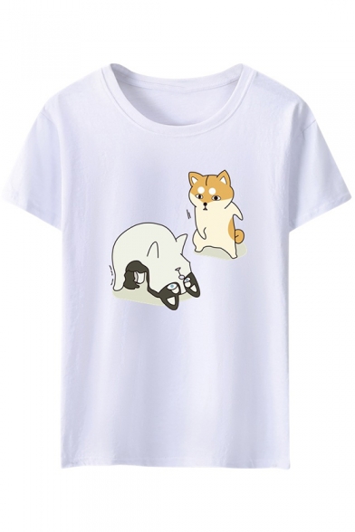 Men's Basic Round Neck Short Sleeve Cute Cartoon Dog Print Loose T-Shirt