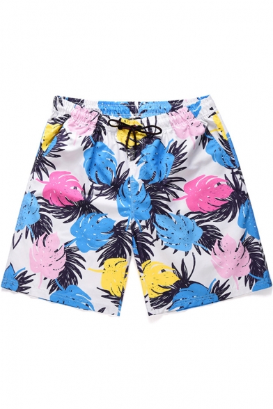 Men's Beach Fashion Tropical Plants Printed Drawstring Waist Loose Swim Trunks with Liner