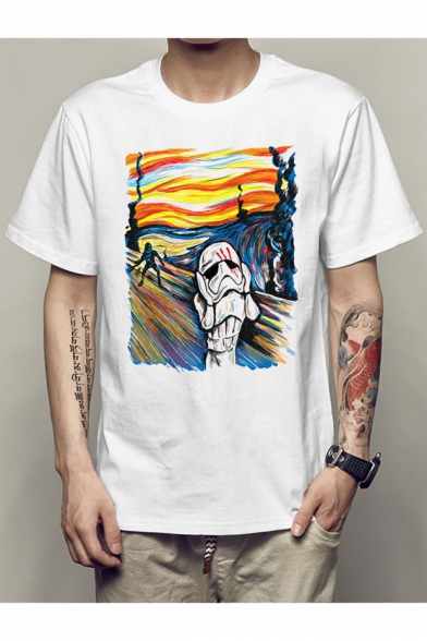 Men's Cool Van Gogh Oil Painting Star Wars Printed Crew Neck Short Sleeve White T-Shirt