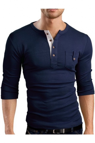 Men's Long Sleeve Pocket Patched Chest Solid Slim Fitted Henley Shirt