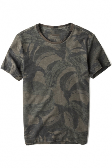 Men's Simple Round Neck Short Sleeve Retro Green Camouflage Print Casual T-Shirt