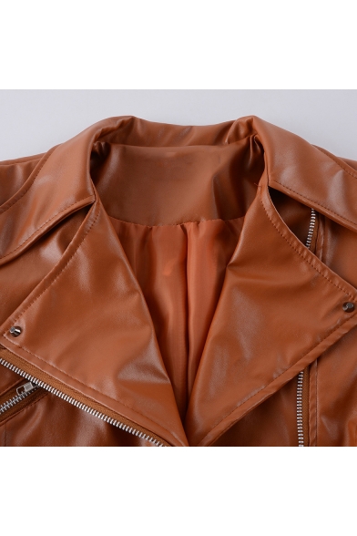Multi Zip Embellished Long Sleeve Lapel Collar Plain Brown PU Jacket