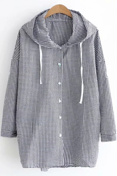 New Fashion Gingham Printed Long Sleeve Button Down Drawstring Hooded Shirt