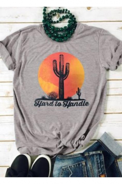 New Stylish Cactus Letter HARD TO HANDLE Printed Grey Loose T-Shirt