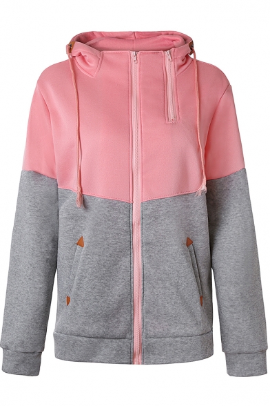 New Stylish Unique Zip-Embellished Long Sleeve Fashion Colorblock Full Zip Fitted Hoodie