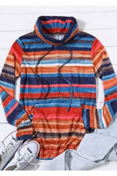 New Trendy Colorful Striped Printed Drawstring High Neck Long Sleeve T-Shirt