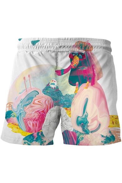 Stylish 3D Abstract Pattern Drawstring Waist Men's White Summer Beach Swim Shorts