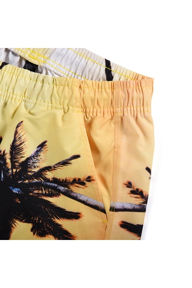 Summer Coconut Palm Print Men's Drawstring Waist Beach Yellow Swim Shorts with Pocket