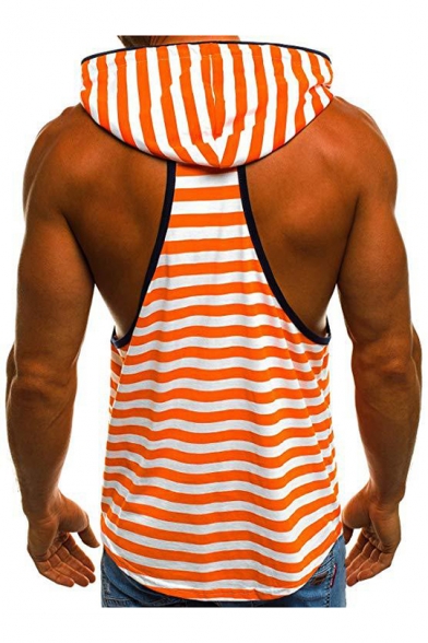 Summer Fashion Striped Printed Sleeveless Drawstring Hooded Breathable Sport Tank Top