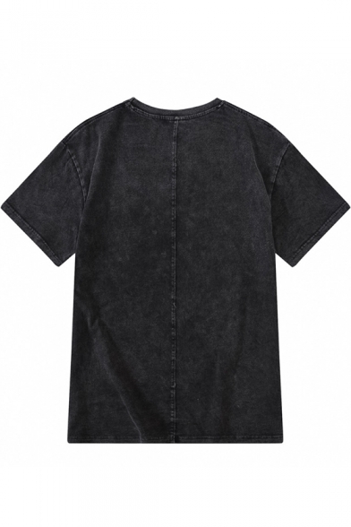 Summer Retro Distressed Plain Short Sleeve Loose Casual Streetwear Black T-Shirt