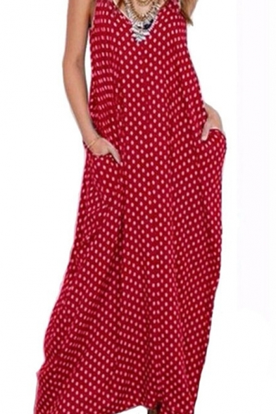 Trendy Fashion Polka Dot Printed Casual Loose Maxi Slip Dress for Women