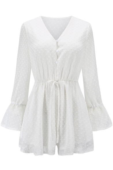 Women's Chic V-Neck Button Front Drawstring Elastic Waist Flared Cuff Chiffon Rompers