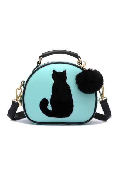 Women's Cute Cartoon Cat Printed Fashion Pom Embellished Crossbody Bag 21*9*18cm