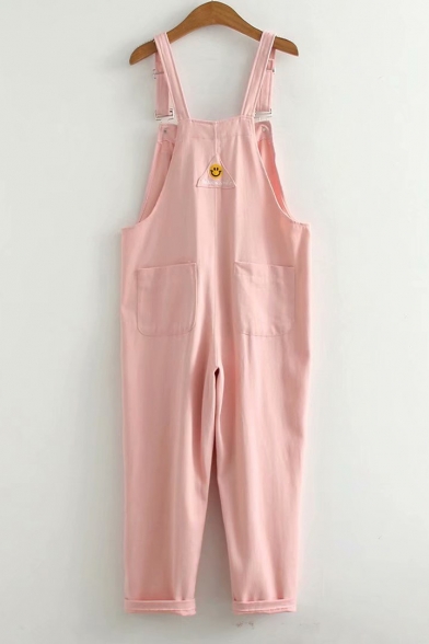 Cartoon Smile Face Embroidered Students Casual Overall Pants