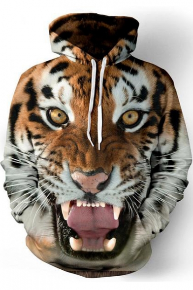 Cool 3D Tiger Printed Long Sleeve Sport Casual Drawstring Hoodie