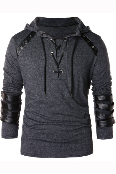 Cool Unique PU Patched Lace-Up Front Long Sleeve Mens Loose Fit Hoodie