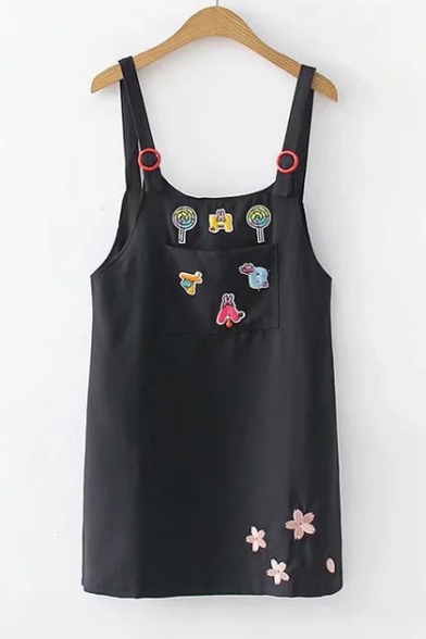Cute Cartoon Patched Girls Black Mini Shift Overall Dress
