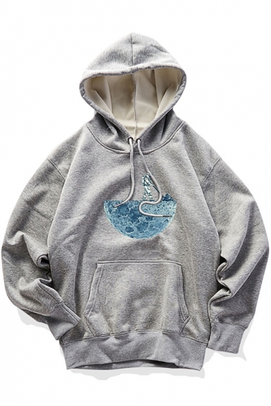 Fashion Moon Astronaut Pattern Loose Leisure Long Sleeve Pullover Hoodie