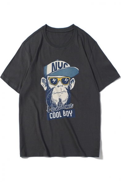Funny Cartoon Gorilla Letter HANDSOME COOL BOY Round Neck Relaxed Cotton T-Shirt