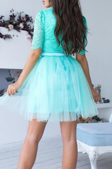 Girls Lovely Lace Round Neck Half-Sleeved Tied Waist Mini A-Line Gauze Dress for Birthday Party