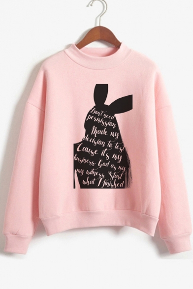 Girls Mock Neck Long Sleeve Fashion Cartoon Girl Print Pink Pullover Sweatshirt
