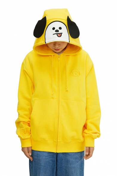 Kpop BT21 ARMY Lovely Cartoon Ear Design Long Sleeve Chic Embroidered Loose Fit Zip Up Hoodie