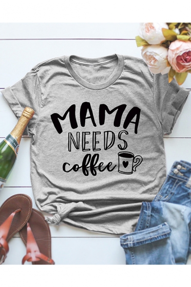 MAMA NEEDS COFFEE Graphic Print Summer Casual Leisure T-Shirt in Grey