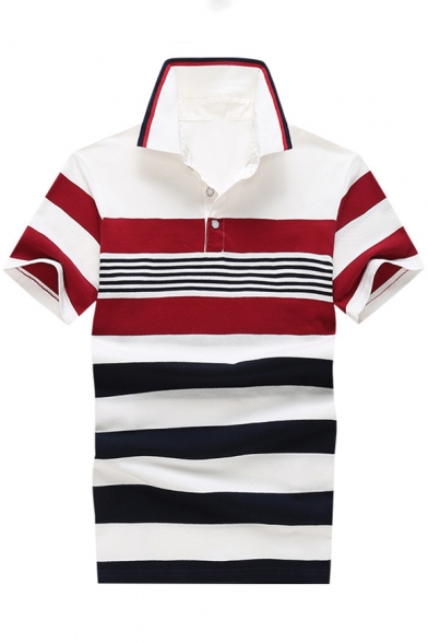 Men New Trendy Red Striped Print Short Sleeve Classic-Fit Polo Shirt