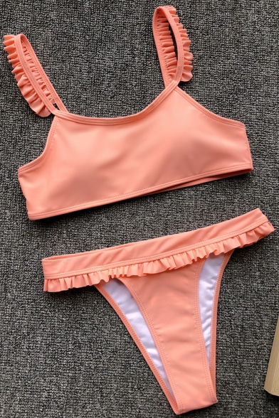New Trendy Summer Pink Ruffled Hem Beach Swimwear for Women