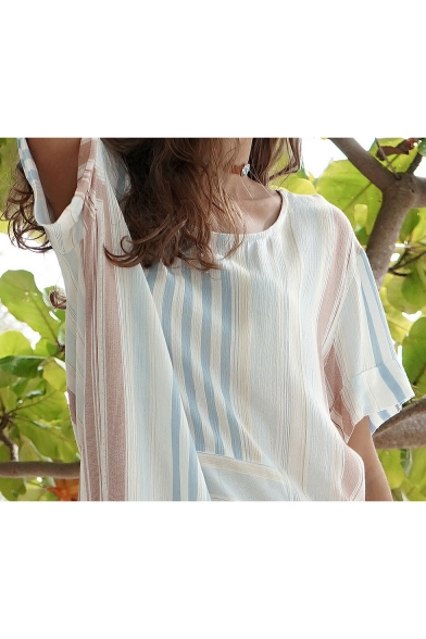 Round Neck Short Sleeve Fashion Striped Printed Split Side Maxi Shift Linen Kaftan Dress