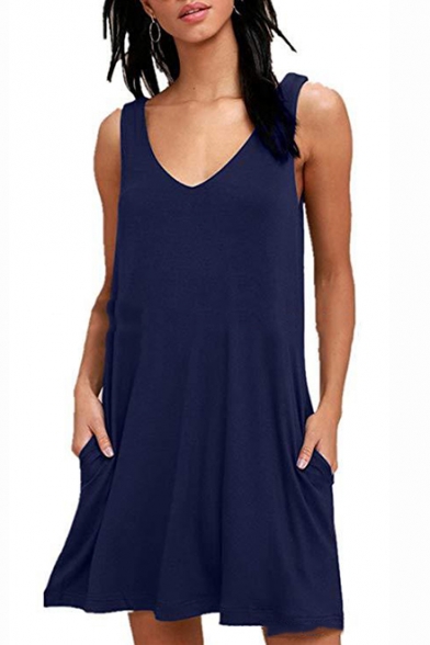 Summer Casual Loose Solid Color V-Neck Mini Swing Tank Dress with Pockets