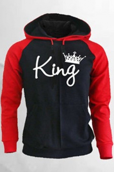 Trendy Crown King Queen Colorblocked Long Sleeve Navy Hoodie for Couple