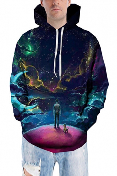 Unique 3D Blue Galaxy Cartoon Boy with A Dog Printed Casual Sport Pullover Hoodie